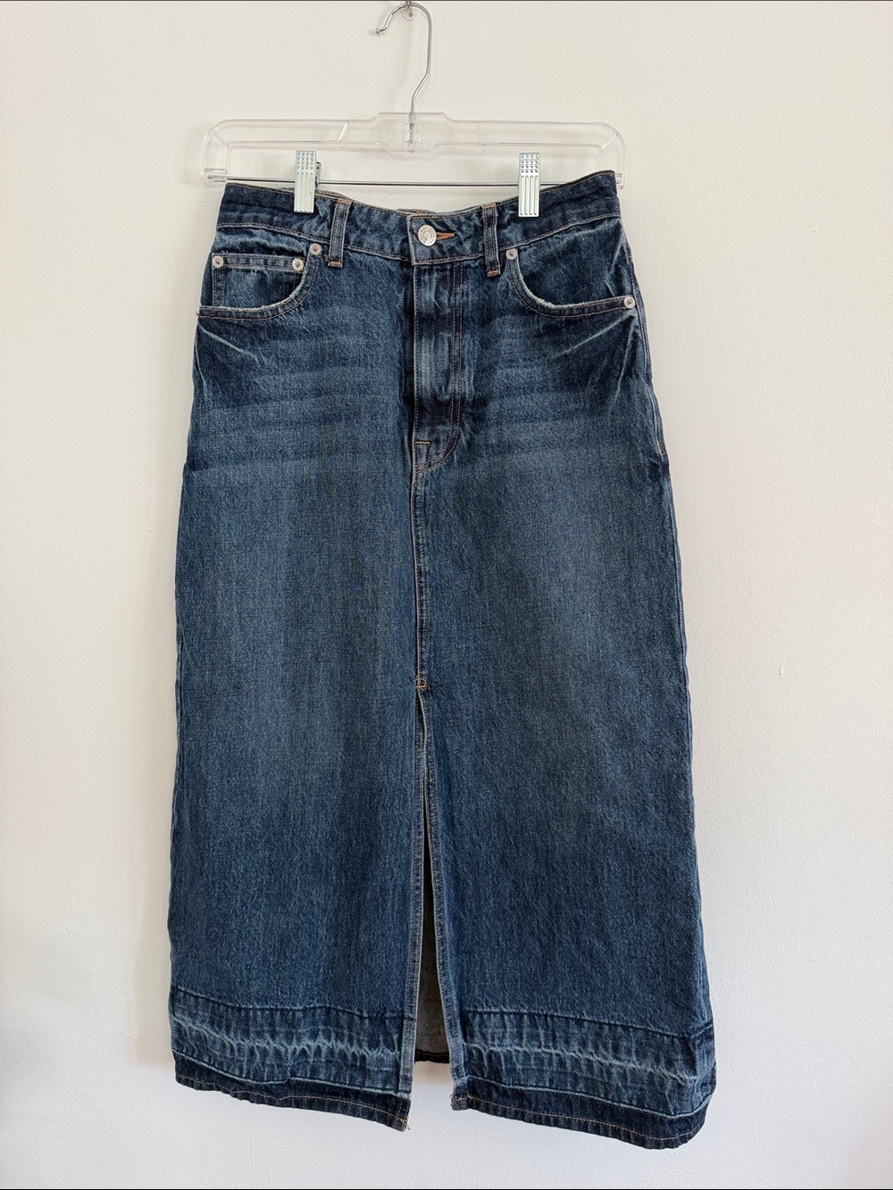 Dark Blue Denim Midi Skirt with Front Slit